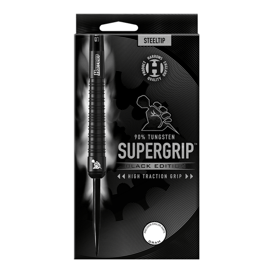 Harrows Supergrip Black-Edition Steeldarts Das Bild zeigt die Verpackung der "Harrows Supergrip Black-Edition Steeldarts". Die Verpackung ist schwarz gehalten und hebt die hohe Griffigkeit sowie einen 90%igen Tungsten-Anteil hervor.