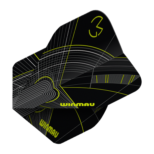 Letky Winmau Prism Delta MvG černá zelená č. 2 Das Bild zeigt die Winmau Prism Delta MvG Black Green No2 Standard Flights. Das Set hat auffällige schwarze und farbige Elemente.