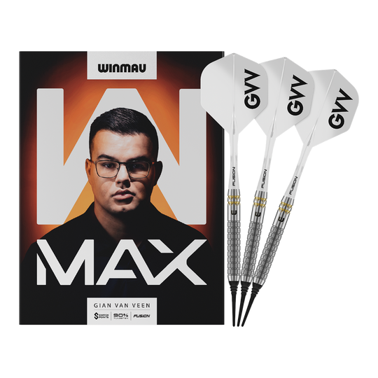 Winmau Gian Van Veen W-MAX Softdarts - 18g Winmau Gian Van Veen W-MAX Softdarts - 18g werden vollständig dargestellt. Alle Details der drei Darts sind sichtbar.