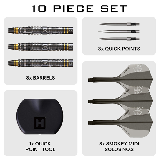 Harrows NX Luxe Tapered Quick Point Steeldarts Abgebildet ist ein Steeldartpfeil mit zulaufender Spitze und strukturierter Oberfläche. Die Form und die Details sind gut erkennbar.