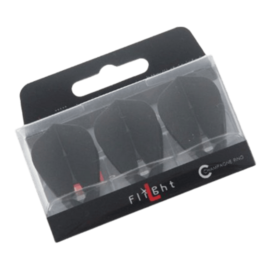 L-Style Champagne L4PRO Kite Flights Das Bild zeigt eine Verpackung mit drei schwarzen Dart-Flights. Die Verpackung ist durchsichtig und trägt die Aufschrift „L-Style Flight“.