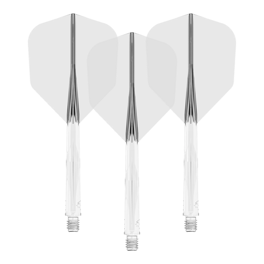 Das Bild zeigt drei durchsichtige Dart-Flights mit Schaften. Sie sind nebeneinander angeordnet und weisen eine klare, transparente Optik auf.