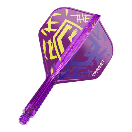 Target K-Flex Luke Littler Campione del mondo 2025 N. 2 Voli standard Das Bild zeigt einen lila Dartflight mit grafischen gelben und blauen Elementen. Auf dem Flight steht das Wort "TARGET" und es hat ein auffälliges, modernes Design.