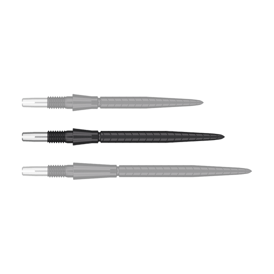 Target Swiss Storm Quartz Dartspitzen - Schwarz Das Bild zeigt drei schwarze Dartspitzen, die nebeneinander angeordnet sind. Die Spitzen haben einen silbernen Ansatz und sind länglich geformt.