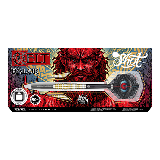 Dardos de acero Shot Celt Balor Das Bild zeigt die Verpackung der "Shot Celt Balor Steeldarts". Im Hintergrund ist ein auffälliges, rotes Fantasy-Gesicht und kunstvolles Design zu sehen.