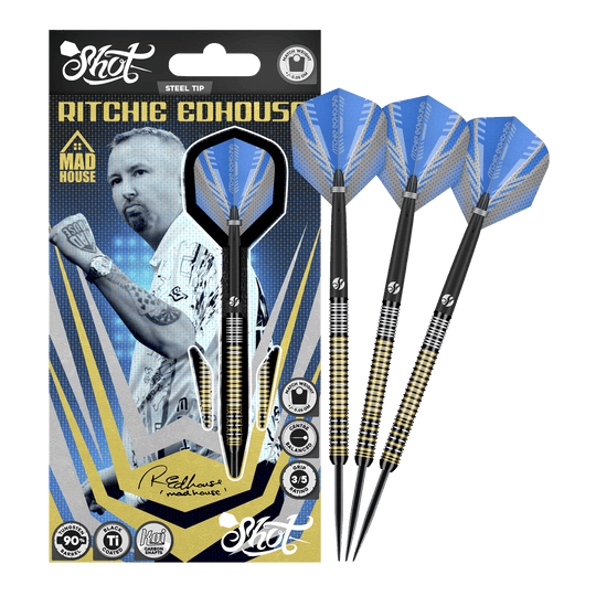Shot a Ritchie Edhouse Madhouse dardos de acero Das Bild zeigt die Shot Ritchie Edhouse Madhouse Steeldarts in voller Ansicht. Diese Darts zeichnen sich durch ihr einzigartiges Design aus.