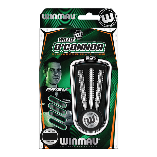 Šipky Winmau Willie O'Connor ocelové - 23g Die Verpackung zeigt die Winmau Willie O’Connor Steeldarts mit einem Gewicht von 23 Gramm. Im Inneren sind drei silberne Steeldarts zu sehen.