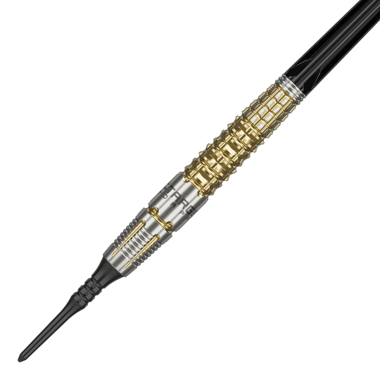 Dardos blandos Target Japan Black Marque Warrior - 18,5 g Das Bild zeigt einen Softdart namens "Target Japan Black Marque Warrior" mit einem Gewicht von 18,5g. Der Dart hat ein auffälliges Design mit goldenen und silbernen Elementen sowie einer schwarzen Spitze.
