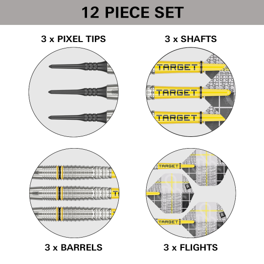 Dardos blandos Target Scott Williams GEN2 - 18 g Das Bild zeigt ein 12-teiliges Softdart-Set mit dem Namen "Target Scott Williams GEN2 Softdarts - 18g". Es enthält 3 Pixelspitzen, 3 Schäfte, 3 Barrels und 3 Flights.