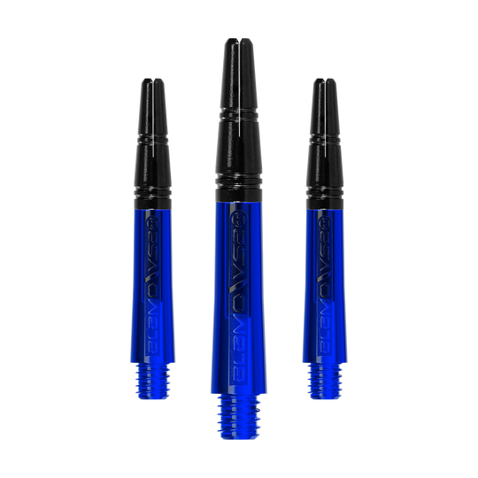 Alberi Alamo VS2 di Harrow - Blu Das Bild zeigt drei blaue Dartschäfte mit schwarzem oberen Teil. Sie sind nebeneinander angeordnet und haben ein glänzendes Design.