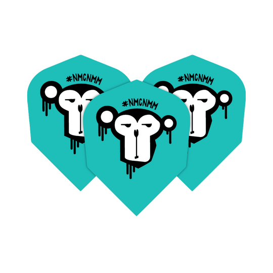 Nie mój cyrk, nie moje małpy, loty standardowe NMCNMM Das Bild zeigt drei türkisfarbene Darts-Flights mit dem Aufdruck eines stilisierten Affengesichts. Über dem Affenkopf steht die Abkürzung "#NMCNMM".