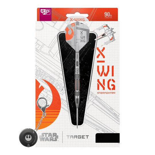 Zu sehen ist das Produkt Target Star Wars X-Wing Swiss Point Steeldarts. Diese Steeldarts sind inspiriert von dem berühmten X-Wing aus Star Wars.