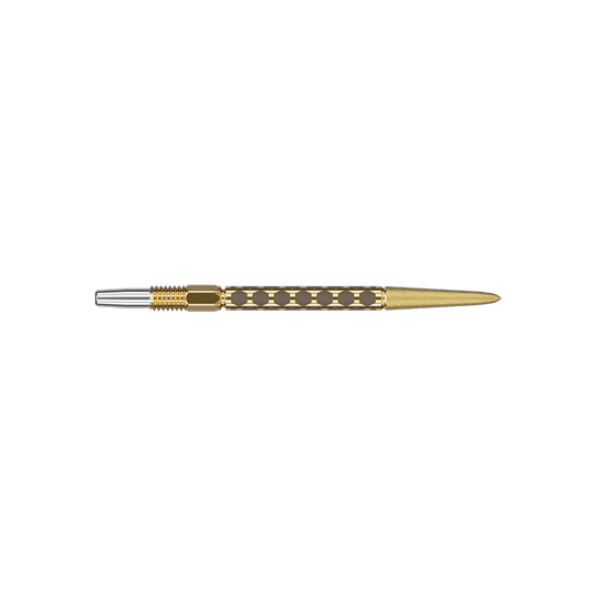 Target Swiss FLT Point Dart Tips - Gold Zwei kurze Dartspitzen in goldener Ausführung sind zu sehen. Sie sind nebeneinander angeordnet.