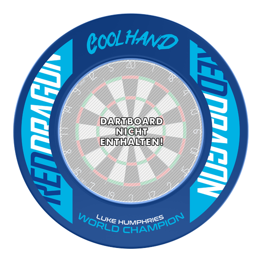 Obvod pro terč Red Dragon Luke Humphries, mistr světa Dies ist das Produkt "Red Dragon Luke Humphries World Champion Dartboard Surround" in blauer Farbe. In der Mitte steht: "Dartboard nicht enthalten!"