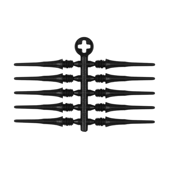 X9048_Cosmo_Fit_Point_Plus_2BA_Spitzen_Schwarz_2gduAjlcKUcAH0 Das Bild zeigt mehrere schwarze Dartspitzen, die an einem Plastikträger befestigt sind. Es handelt sich um das Produkt "Cosmo Fit Point Plus 2BA Spitzen 25mm (50er Pack)".