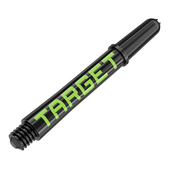 Tiges Target Pro Grip TAG - 3 jeux - Noir Vert Das Bild zeigt einen schwarzen Dart-Schaft mit grünem Schriftzug „TARGET“. Der Schaft hat ein Schraubgewinde an einem Ende.