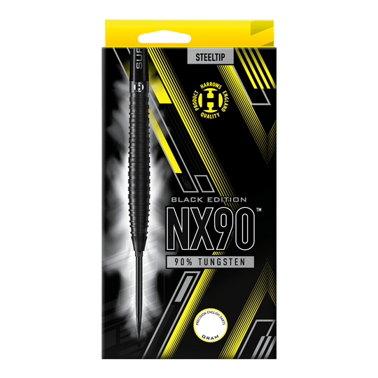 Harrows NX90 Black Edition Tapered Quick Point Steel Darts Die Abbildung zeigt die Harrows NX90 Black Edition Tapered Quick Point Steeldarts. Sie haben eine elegante, konische Silhouette und sind komplett schwarz.