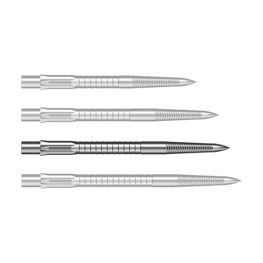 Das Bild zeigt Steeldartspitzen mit Micro Grip im Silber-Design, 36mm lang. Das Produkt ist auf weißem Hintergrund zu sehen.