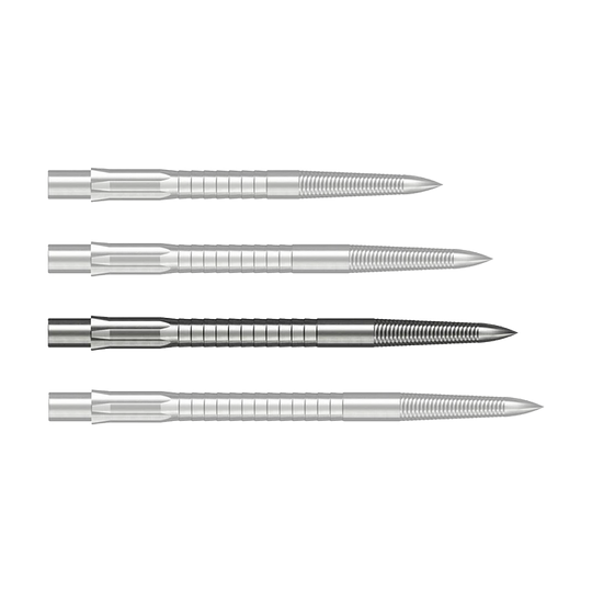 Caliburn System Steel Dart Tips - Micro Grip - Silver Das Bild zeigt Steeldartspitzen mit Micro Grip im Silber-Design, 36mm lang. Das Produkt ist auf weißem Hintergrund zu sehen.