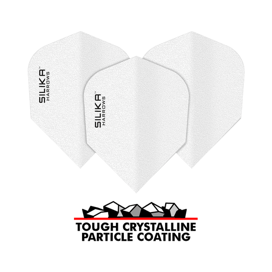 Harrows Silica Solid Houževnatý krystalický povlak White No6 Flights Das Bild zeigt drei weiße Dartflights mit der Aufschrift "SILIKA HARROWS". Darunter steht "TOUGH CRYSTALLINE PARTICLE COATING" zusammen mit einer grafischen Darstellung von Kristallen.