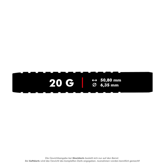 Šipky Winmau Foxfire Urban Soft - 20g Das Bild zeigt die Produktangaben der Winmau Foxfire Urban Softdarts mit einem Gewicht von 20 Gramm. Die Länge beträgt 50,80 mm und der Durchmesser 6,35 mm.