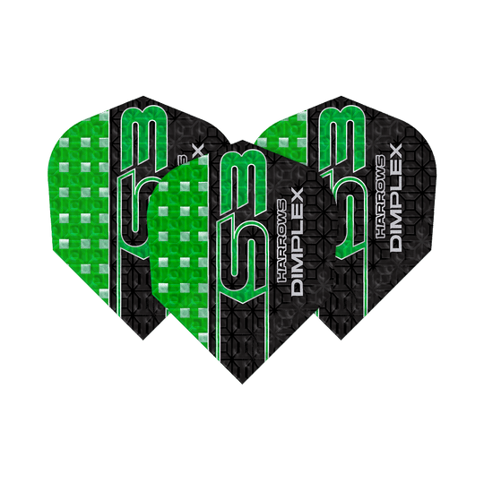 Harrows Dimplex S3 Flights - Verde Das Bild zeigt drei grüne und schwarze Dart-Flights des Modells "Harrows Dimplex S3". Auf den Flights steht der Text "Harrows Dimplex S3" in grüner und weißer Schrift.