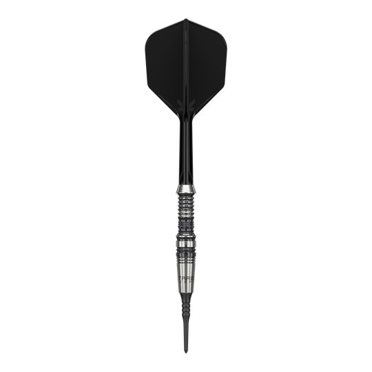 Měkké šipky Target Japan Black Marque Heracles - 18g Das Bild zeigt einen Softdart der Marke 'Target Japan Black Marque Heracles' mit einem Gewicht von 18g. Der Dart hat ein elegantes Design mit schwarz-silbernem Barrel und schwarzer Spitze sowie Flight.