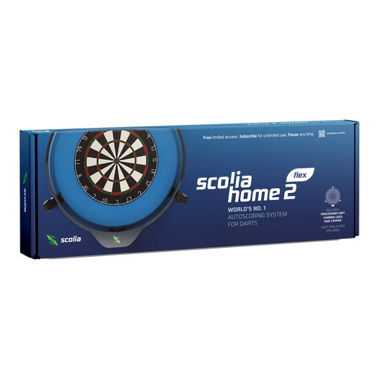 Scolia Home 2 FLEX - Elektronický systém automatického bodování 2026 Das Bild zeigt die Verpackung des Produkts "Scolia Home 2 FLEX – Elektronisches Punktesystem". Es ist ein automatisches Auswertungssystem für Darts.