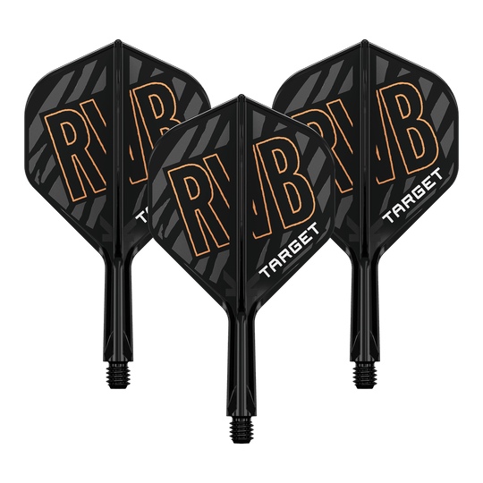 Targetový K-Flex Standardní letový hřídel Raymond Van Barneveld No2 Auf dem Bild sind drei schwarze Dart Flights mit dem orangefarbenen Schriftzug "RVB" zu sehen. Unten auf den Flights steht in weißer Schrift das Wort "TARGET".
