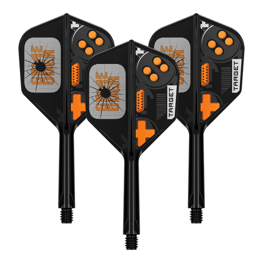 Target K-Flex Game Over No6 Flights Das Bild zeigt ein Set von Dart Flights. Es handelt sich um das Modell 410577 Target K-Flex GameOver No6 Flights 26mm 1Set.