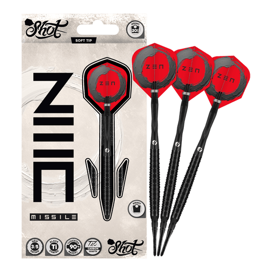 Shoty ZEN Missile Soft Darts - 20g Auf dem Bild ist der vollständige Satz der Shot ZEN Missile Softdarts - 20g zu sehen. Diese Pfeile sind für anspruchsvolle Dartspieler konzipiert.
