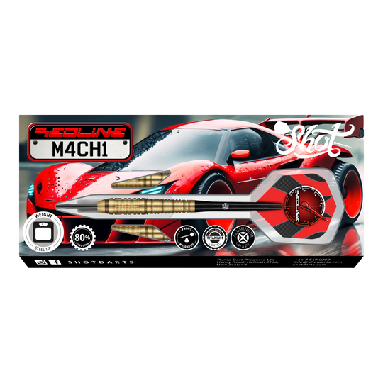Dardos de acero Shot Redline Mach 1 Das Bild zeigt die Verpackung der "Shot Redline Mach 1 Steeldarts" vor einem roten Sportwagen. Auf der Verpackung sind die Darts sowie verschiedene Produktsymbole und das Logo gut sichtbar abgebildet.