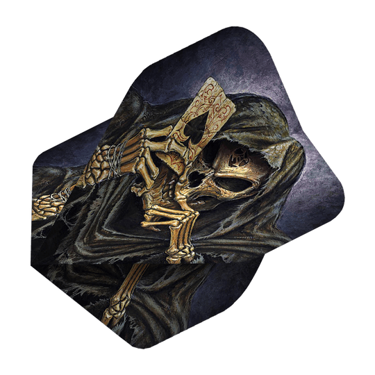 ALC2_Alchemy_Reapers_Ace_Standard_Flights_2 Das Bild zeigt das Produkt "Alchemy Reapers Ace No2 Standard Flights". Es zeigt einen Sensenmann mit Kapuze, der eine Spielkarte mit einem Pik-Ass hält.