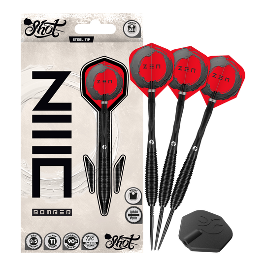 Shot ZEN Bomber Turbo Point Steeldarts Auf dem Foto ist das Set Shot ZEN Bomber Turbo Point Steeldarts vollständig abgebildet. Dieses Set enthält alle notwendigen Darts für das Spiel.