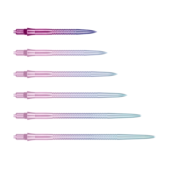 Puntas de dardo Caliburn EZ-EVO - Ranuradas - Arcoíris Das Bild zeigt eine einzelne EVO205 Caliburn EZ-EVO Dartspitze Grooved Rainbow 28mm. Die Spitze hat eine auffällige Regenbogenfarbe und eine gerillte Oberfläche.