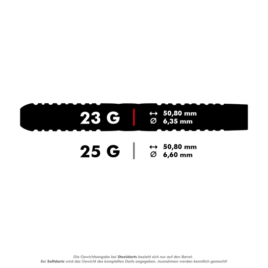 Ocelové šipky Red Dragon Gerwyn Price Iceman Midnight Edition Das Bild zeigt die technischen Daten von Steeldarts mit 23 Gramm und 25 Gramm Gewicht. Die Längen betragen jeweils 50,80 mm, während die Durchmesser 6,35 mm (23 g) und 6,60 mm (25 g) sind.