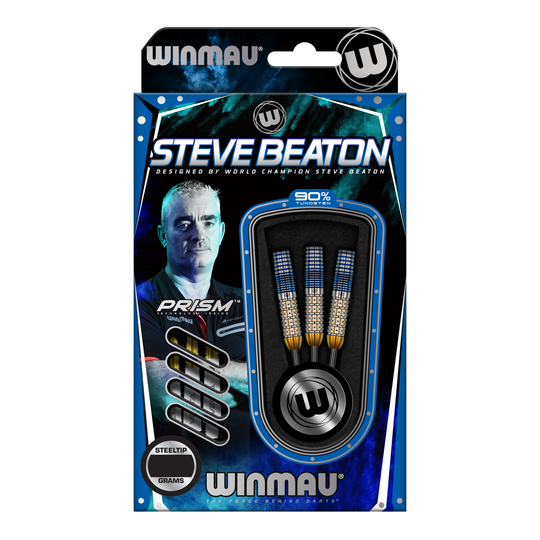 Dardos de acero Winmau Steve Beaton Legend Series Auf dem Bild ist eine Verpackung der "Winmau Steve Beaton Legend Series Steeldarts" zu sehen. Die Verpackung zeigt drei Steeldarts und ein Bild von Steve Beaton.