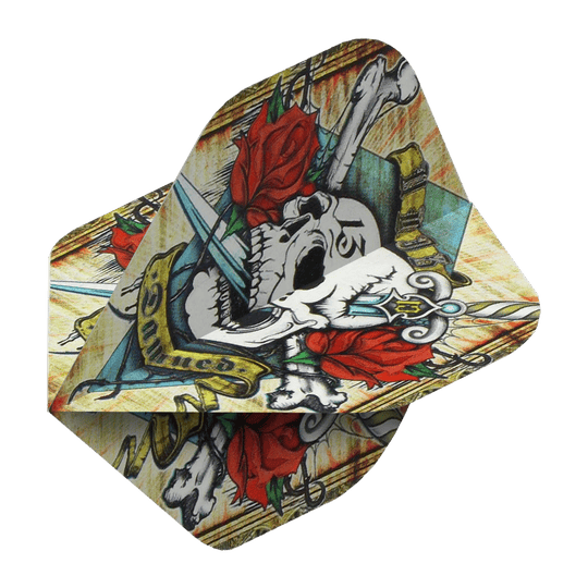 ALC4_Alchemy_Damned_Standard_Flights_2 Das Bild zeigt ein Dart-Flight mit einem Totenkopf, roten Rosen und einem Schwert als Motiv. Auf dem Flight steht das Wort „Damned“ in einem gelben Banner.
