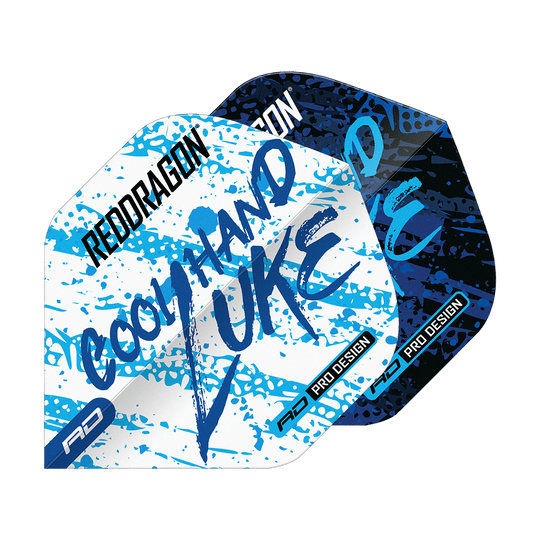 Mistr světa Red Dragon Luke Humphries Blue White Yin Yang Standard Flights Das Bild zeigt die Red Dragon Luke Humphries World Champion Blue White Yin Yang Standard Flights. Die Flights sind in Blau, Weiß und Schwarz mit auffälligem Schriftzug und Farbspritzern gestaltet.