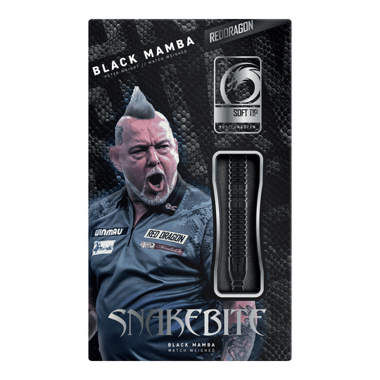 Dardos blandos Red Dragon Peter Wright Snakebite Black Mamba - 20 g Dargestellt ist der Red Dragon Peter Wright Snakebite Black Mamba Softdart mit 20g. Dieser Softdart richtet sich an ambitionierte Spieler und besticht durch hohe Qualität.