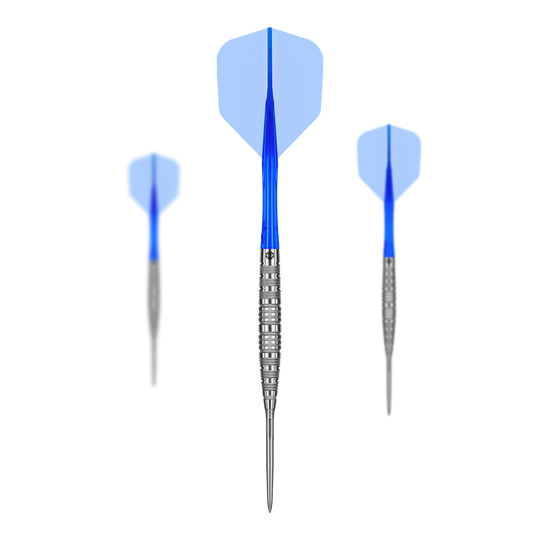 Das Bild zeigt Caliburn Rix EZ-EVO R6 Steeldarts in einem Set. Diese Steeldarts sind speziell für Präzisionswürfe entwickelt.