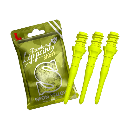 Auf dem Bild ist eine Packung mit "Premium Lipppoint short" in Neon-Gelb zu sehen. Daneben sind drei leuchtend gelbe Dartspitzen abgebildet.