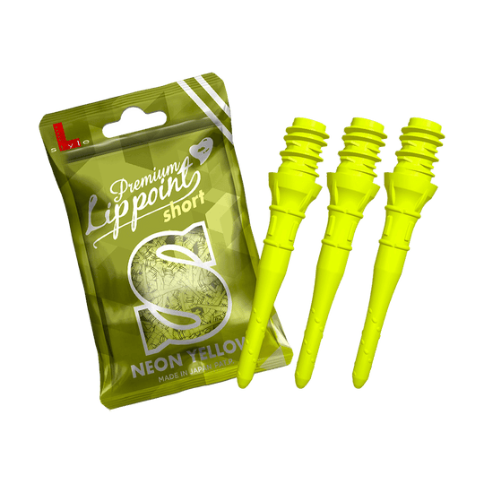 LIP40_L-Style_Premium_Lippoints_Short_Neongelb_2 Auf dem Bild ist eine Packung mit "Premium Lipppoint short" in Neon-Gelb zu sehen. Daneben sind drei leuchtend gelbe Dartspitzen abgebildet.