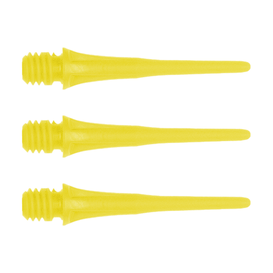 Das Bild zeigt drei gelbe Dartspitzen mit Gewinde. Es handelt sich um das Produkt "Cosmo Fit Point Plus 2BA Spitzen 25mm (50er Pack)".