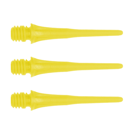 X9052_Cosmo_Fit_Point_Plus_2BA_Spitzen_Gelb_1KftpkLJxaSQnY Das Bild zeigt drei gelbe Dartspitzen mit Gewinde. Es handelt sich um das Produkt "Cosmo Fit Point Plus 2BA Spitzen 25mm (50er Pack)".