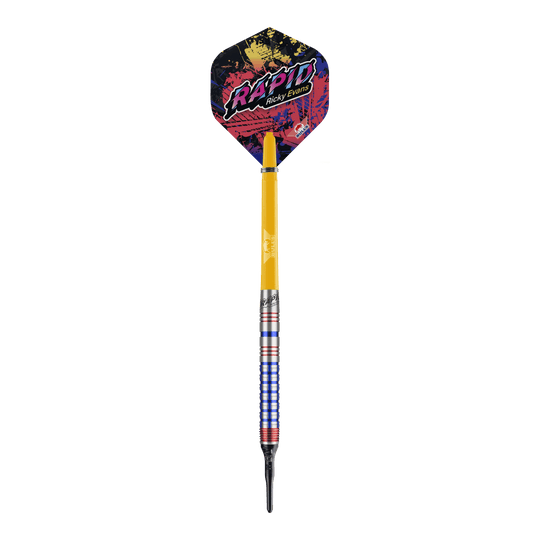 Bulls NL Ricky Evans Rapid Edition One Softdarts - 20g Das Bild zeigt einen Softdart aus der Serie "Bulls NL Ricky Evans Rapid Edition One" mit einem Gewicht von 20 Gramm. Der Dart hat bunte Akzente, einen gelben Schaft und eine auffällige Flights mit dem Schriftzug "RAPID Ricky Evans".