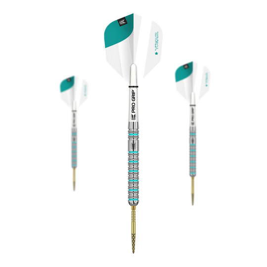 Dardos de acero Target Rob Cross GEN2 Swiss Point Das Bild zeigt drei Target Rob Cross GEN2 Swiss Point Steeldarts. Die Darts haben silberne und türkisfarbene Details sowie weiße Flights mit PRO GRIP Schäften.