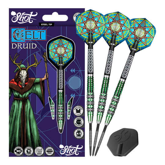 Shot Celt Druid Turbo Point Steeldarts Abgebildet ist ein Satz Steeldarts. Die Darts sind vollständig zu sehen und zeigen Details der Spitzen.