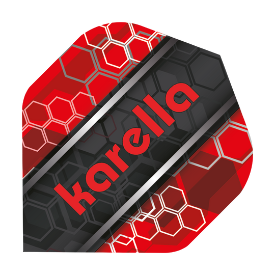 8032-14_Karella_XT-7_Standard_Flights_1 Das Bild zeigt ein Karella XT-7 No2 Standard Flight mit einem modernen, rot-schwarzen Wabenmuster. In der Mitte ist das Wort "karella" in roten Buchstaben zu sehen.