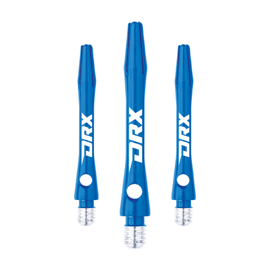C630_Red_Dragon_DRX_Coated_Aluminium_Shafts_Blau_36mm_1 Das Bild zeigt drei blaue DRX-beschichtete Aluminium-Schäfte von Red Dragon. Die Schäfte haben ein glänzendes Finish und das weiße DRX-Logo an der Seite.